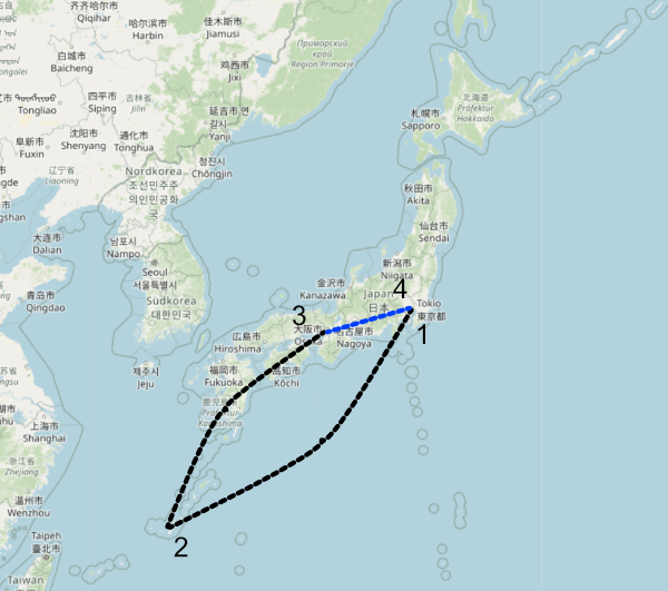Ein Screenshot von openstreetmap.com auf dem die Route von 1 bis 4 eingezeichnet ist. Die gestrichelten Linien von 1 bis 2 und 2 bis 3 sind schwarz und stellen die Flüge dar, die blaue gestrichelte Linie von 3 bis 4 soll für die Shinkansen-Fahrt stehen.